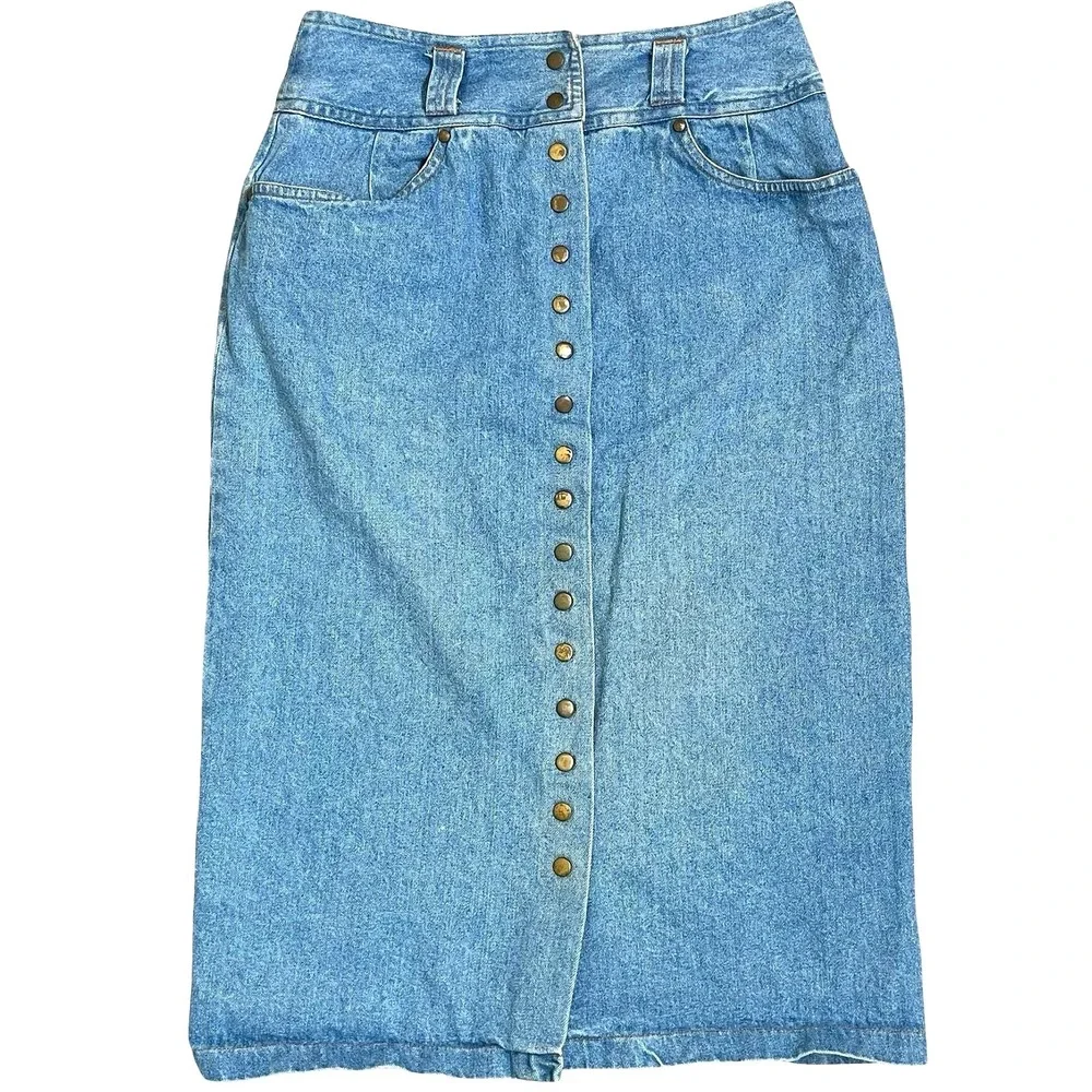 Vintage St & Company Denim Midi Skirt Women 10 Blue Button Front High Waist
